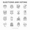 Election and voting thin line icons set: voters, ballot box, inauguration, corruption, debate, president, political victory,