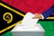 Elections in the country - voting at the ballot box. A man`s hand puts his vote into the ballot box. Flag vanuatu on background