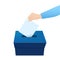 Elections Vote Box template with hand putting blank voting paper in the ballot box vector.