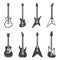 Electric, acoustic guitars with black and whites bodies icons set. Stringed musical instruments.