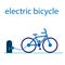 The electric bicycle is charged at the station through a wire. Vector flat illustration with text. Eco-friendly mode of