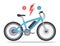 Electric bike with electrical motor wheel. E-bike, hybrid bicycle with electro engine, energy accumulator battery. Flat vector