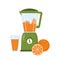 Electric blender with a glass of juice and oranges. Vector illustration in cartoon style