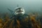 Electric blue great white shark swims in fluid underwater landscape with seaweed