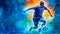 Electric Blue Strike: A Man\\\'s Dynamic Kick with a Soccer Ball