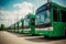electric buses lined up in green color. AI