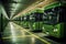 electric buses lined up in green color. AI