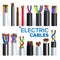 Electric Cables Set Vector. Copper Wire. Electrician Rubber Cord. Industrial Network Power. Electricity Energy
