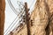 Electric cables on the wooden electricity pillar in the old mountain village Misfat Al Abriyeen in Sultanate of Oman