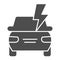 Electric car battery solid icon. Automobile power, lightning, safe driving symbol, glyph style pictogram on white