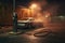 Electric car being charged at a charging station on a foggy night, Electric car charging, AI Generated