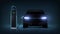 Electric car charge. Realistic automobile charging battery at station. Auto with glowing headlights recharges