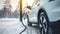 Electric car charging battery in winter - vehicle, power and green energy concept. Generative AI