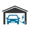 Electric car charging. Grey and blue vector icon illustration pictogram.