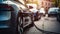 Electric car charging on parking lot with electric car charging station on city street. Electric cars in the row ready for charge