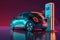 Electric car at charging station with blue and red glowing on dark background. Neural network generated art