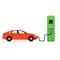 Electric car charging station concept. EV recharging point or EVSE. Plug-in vehicle getting energy from battery supply.