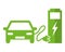 Electric car at the charging station. Green vector icon illustration pictogram II.