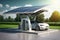 electric car charging station, with solar panels on the roof, powering up electric vehicle