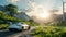 Electric car drive on the wind turbines background. Car drives along green landscape. Electric car driving along