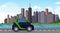 Electric car driving highway road eco friendly vehicle clean transport environment care concept modern cityscape