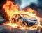 The electric car EV is on fire due to the overheating of the battery.