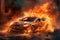 Electric car EV who\\\'s vehicle lithium battery is on fire causing a thermal runaway