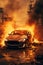 Electric car EV who\\\'s vehicle lithium battery is on fire causing a thermal runaway