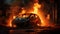 Electric car EV who\\\'s vehicle lithium battery is on fire causing a thermal runaway