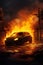 Electric car EV who\\\'s vehicle lithium battery is on fire causing a thermal runaway