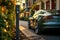 Electric car parked in front of a home building to charging station.