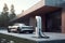 Electric car parking near home charging station, electric vehicle at house, generative AI