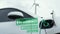 Electric car recharging energy from charging station in wind turbine farm.Peruse