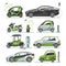 Electric car with solar panels eco electro transport vector illustration automobile socket electrical car battery