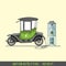 Electric car with solar panels eco transport vector illustration automobile socket electrical car battery charger.