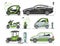 Electric car with solar panels eco transport vector illustration automobile socket electrical car battery charger.