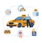 Electric car taxi, city transportation service vector illustration. Man character look for vehicle transport, urban