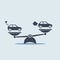 Electric car versus gasoline and diesel car on scales. vector simple flat symbol