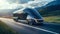 Electric cargo semi-trailer truck driving on the highway, transporting goods in the evening. Delivery and logistics concept for