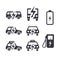 Electric cars, buses and taxi silhouettes with charger, set of simple black icons on white