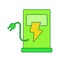 Electric charge concept lightning on recharge power terminal white isolated background with green theme flat outline