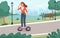 Electric city transport. Young girl rides segway in park location, outdoor active lifestyle, modern green street