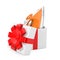 Electric Clothes Steam Iron Come Out of the Gift Box with Red Ribbon. 3d Rendering