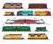 Electric and diesel locomotives, high speed train, cargo wagons isolated icons