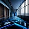 Electric Elegance: A mesmerizing blend of blue neon splatters and fine lines on a black tile, exuding elegance 1