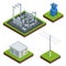 Electric Energy Factory Distribution Chain. Communication, technology town, electric, energy. Vector isometric