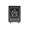 Electric fire black glyph icon. Heating device. Situated in the room near a sofa. Creates comfort at home. Pictogram for web page