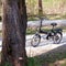 Electric folding bicycle on a bicycle path behind a tree