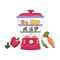 Electric food steamer full of vegetables and fish on white background. Double boiler, flat vector design. Kitchen