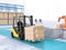 Electric forklift with cardboard boxes in modern distribution center